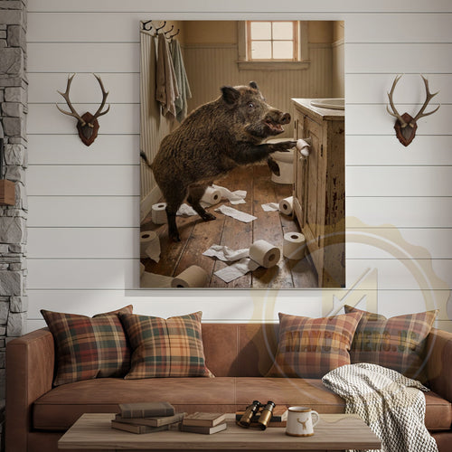 Wild Boar Canvas Rustic Bathroom Toilet Paper Mess Canvas Wall Art