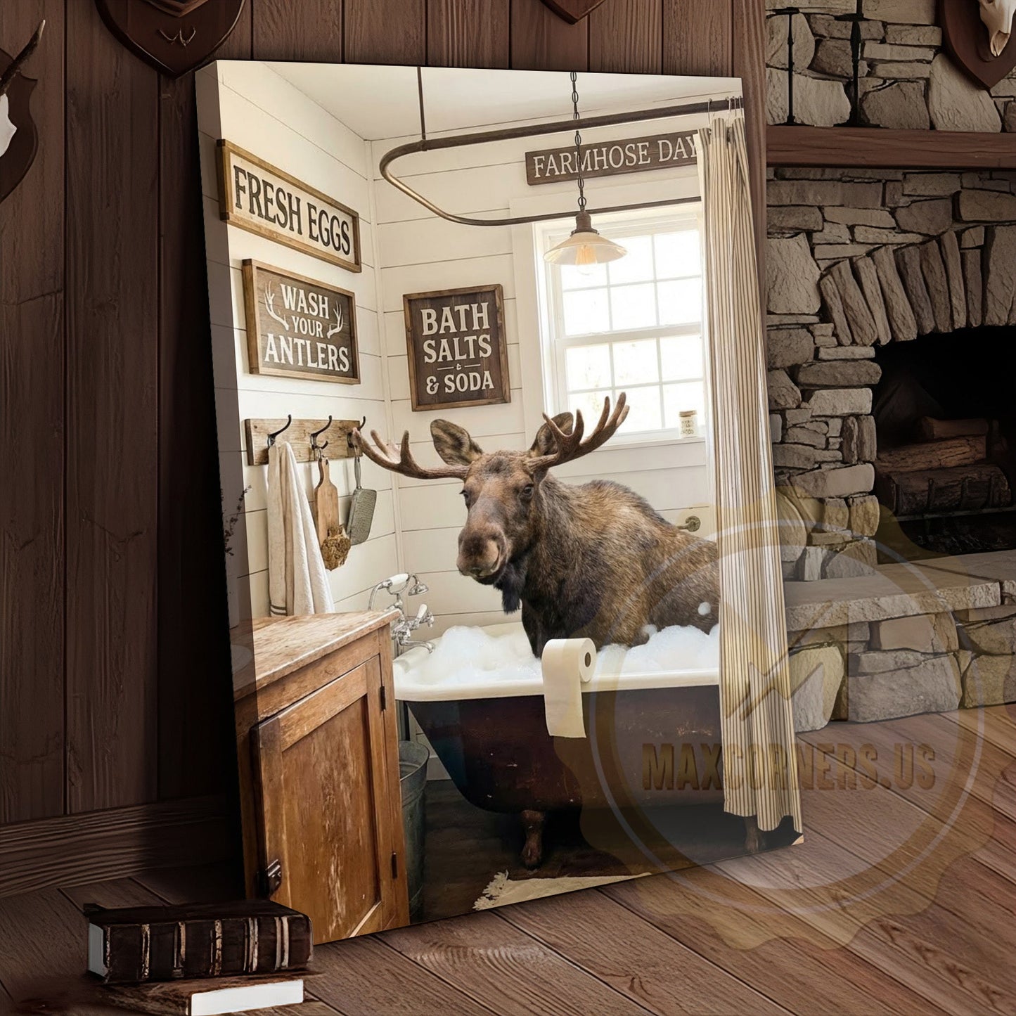 Moose Canvas Farmhouse Bathtub Fresh Eggs Sign Canvas Wall Art