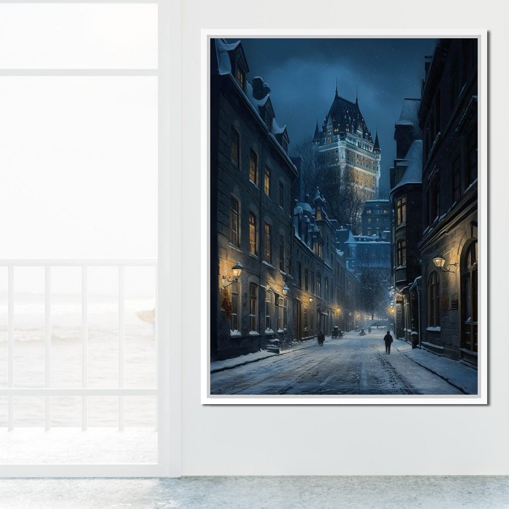 Quebec City Street On a Winter Night Canvas Wall Art