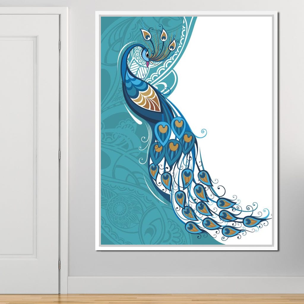 Peacock on Turquoise & White Background Canvas Wall Art