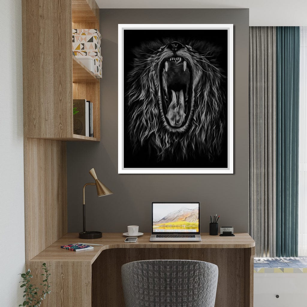 Black and White Roaring Lion Canvas Wall Art