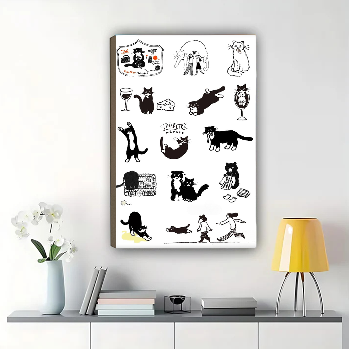 Black Cat Framed Wall Art - Whimsical Illustrated Cat Wall Art
