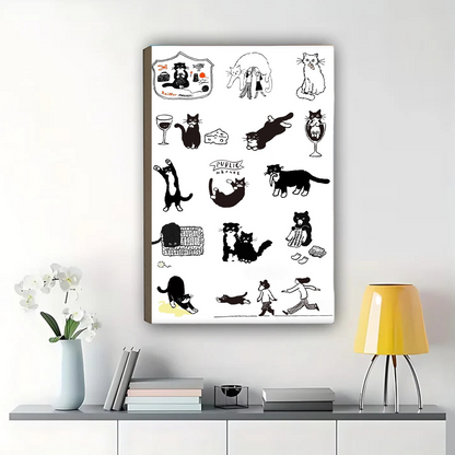 Black Cat Framed Wall Art - Whimsical Illustrated Cat Wall Art