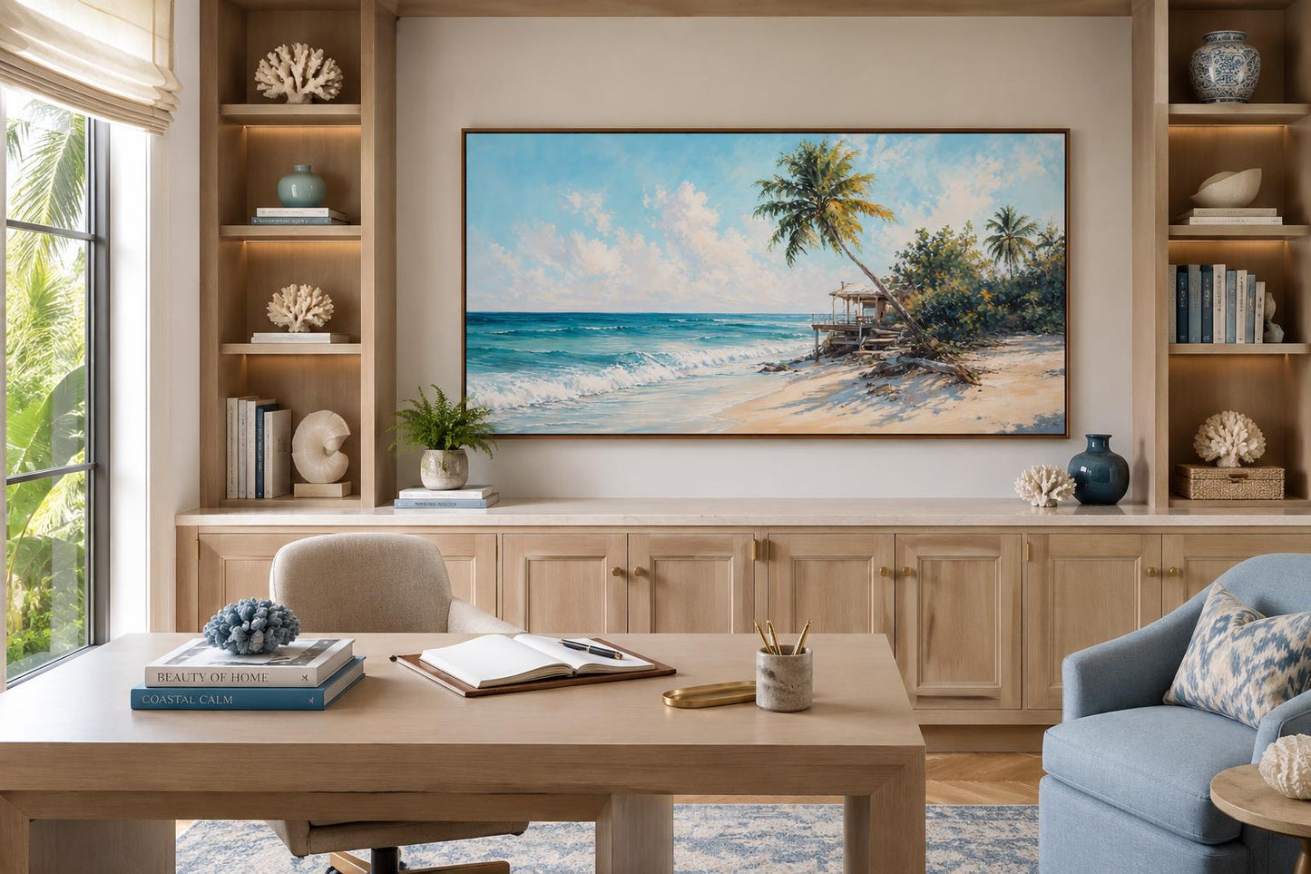 Tropical Beach with Palm Trees and Turquoise Waves, Coastal Wall Art