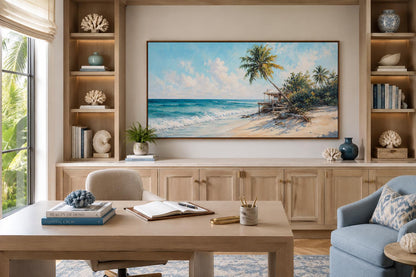 Tropical Beach with Palm Trees and Turquoise Waves, Coastal Wall Art