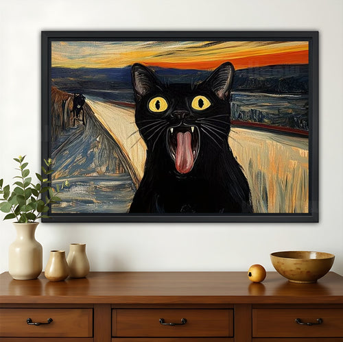 Funny Black Cat “The Scream” Parody – Whimsical Art Wall Art on Natural Wood Canvas