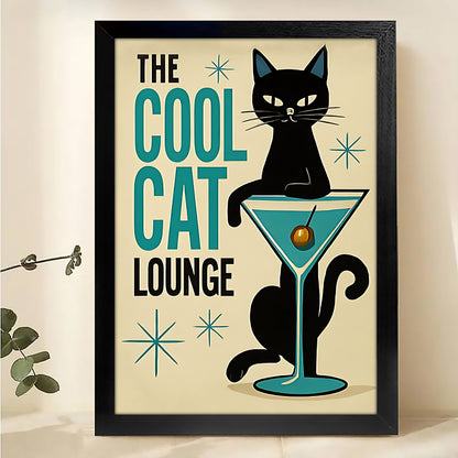 The Cool Cat Lounge – Retro Cat Wall Art on Natural Wood Canvas