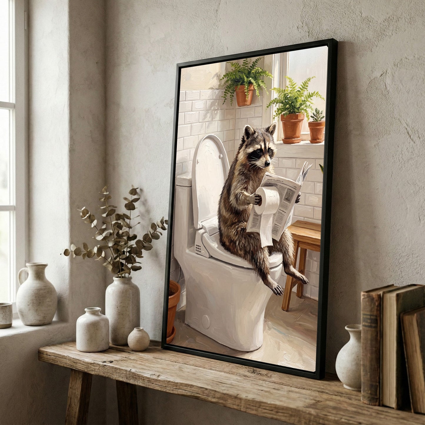 Raccoon Sitting on Toilet Reading Newspaper Bathroom Humor Canvas Wall Art