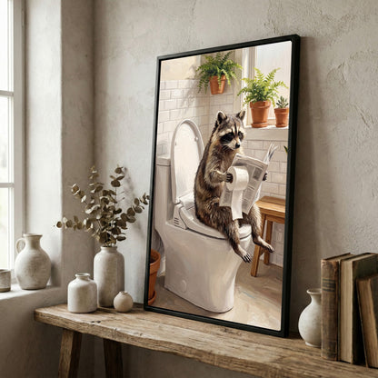Raccoon Sitting on Toilet Reading Newspaper Bathroom Humor Canvas Wall Art