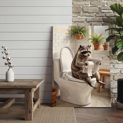 Raccoon Sitting on Toilet Reading Newspaper Bathroom Humor Canvas Wall Art