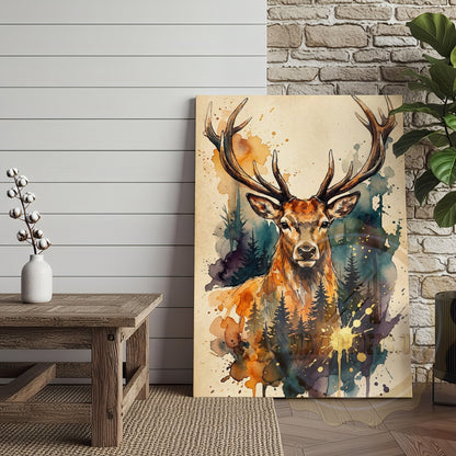 Watercolor Deer Canvas Art - Teal and Orange Forest Silhouette