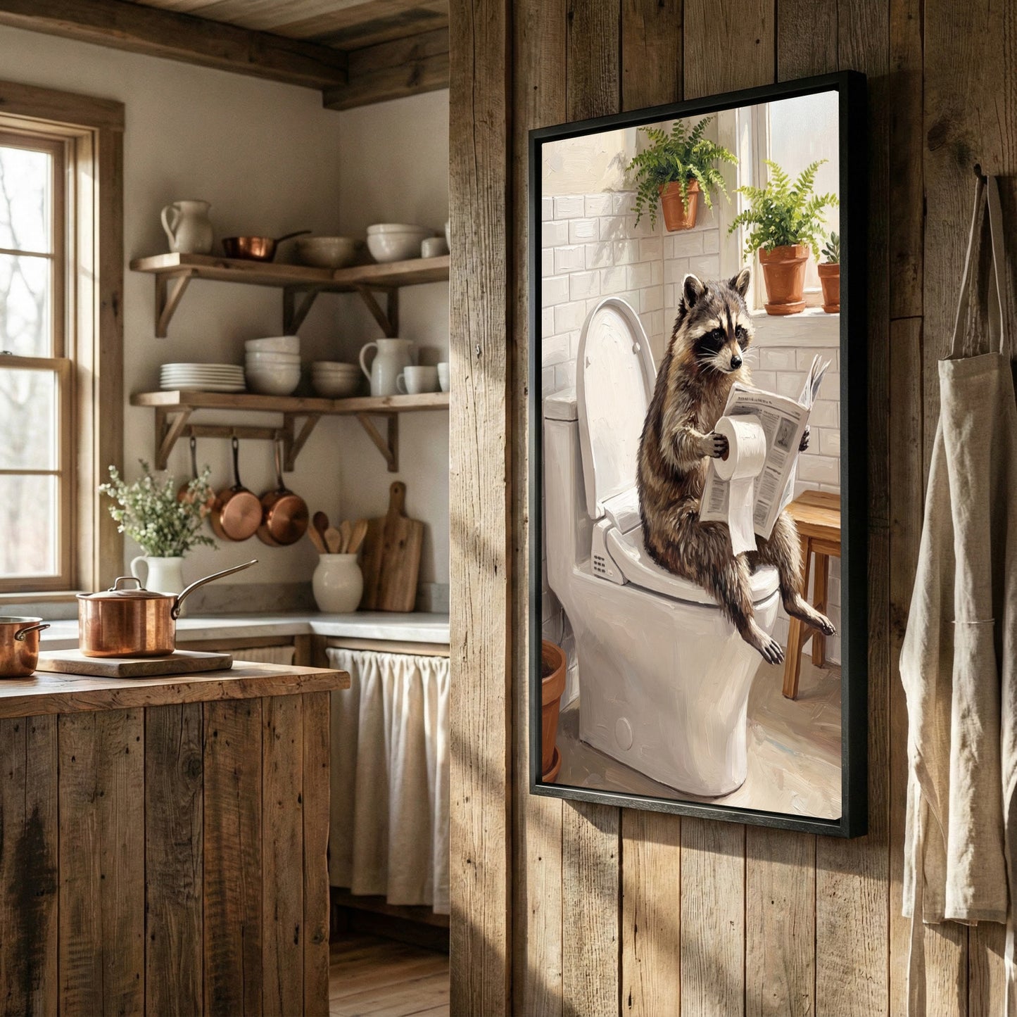 Raccoon Sitting on Toilet Reading Newspaper Bathroom Humor Canvas Wall Art