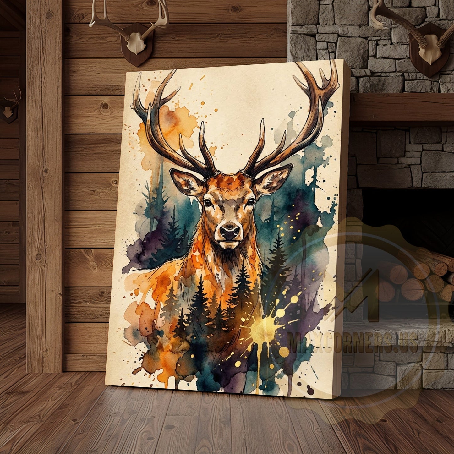 Watercolor Deer Canvas Art - Teal and Orange Forest Silhouette