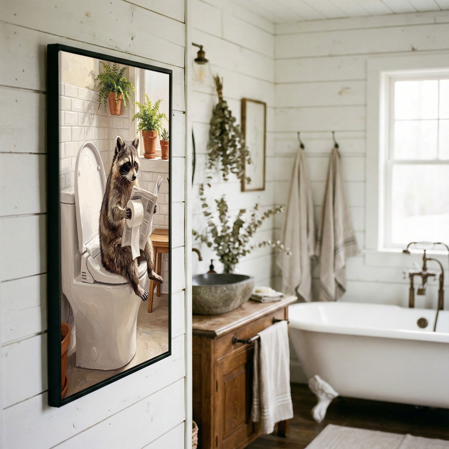 Raccoon Sitting on Toilet Reading Newspaper Bathroom Humor Canvas Wall Art