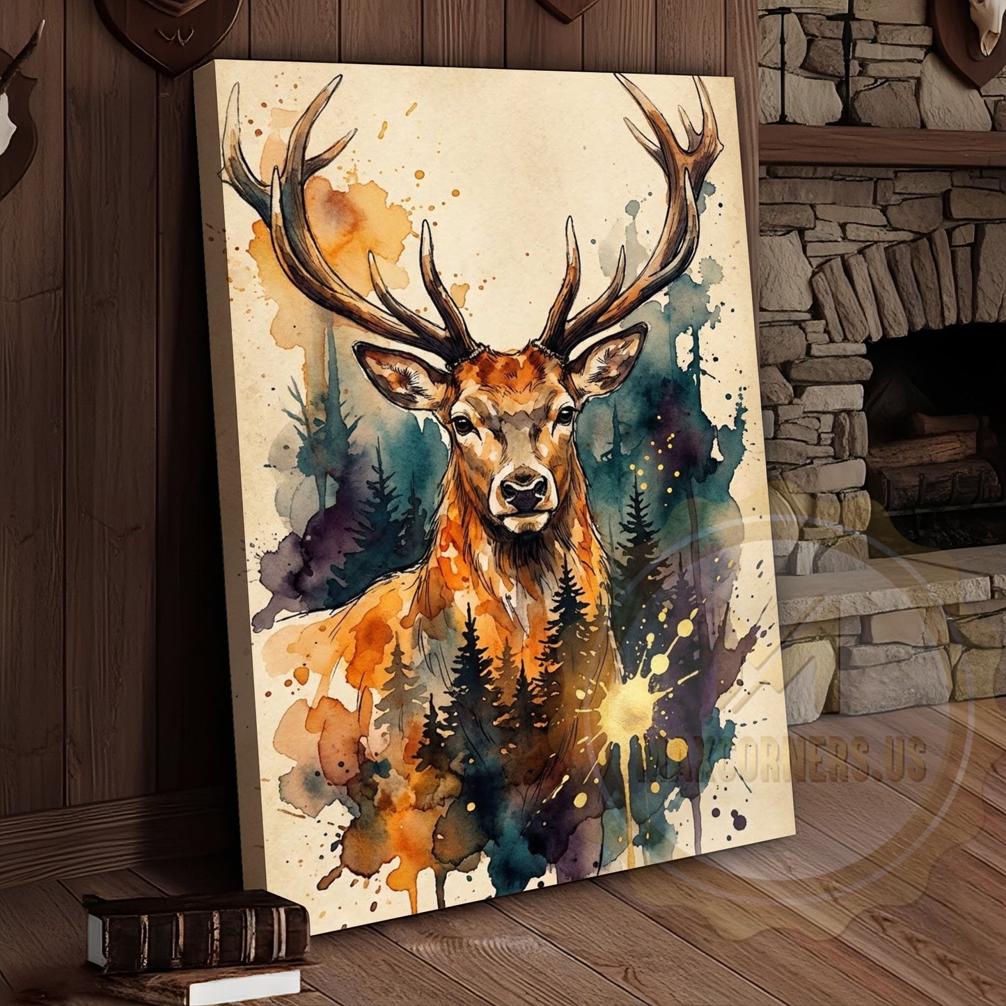 Watercolor Deer Canvas Art - Teal and Orange Forest Silhouette