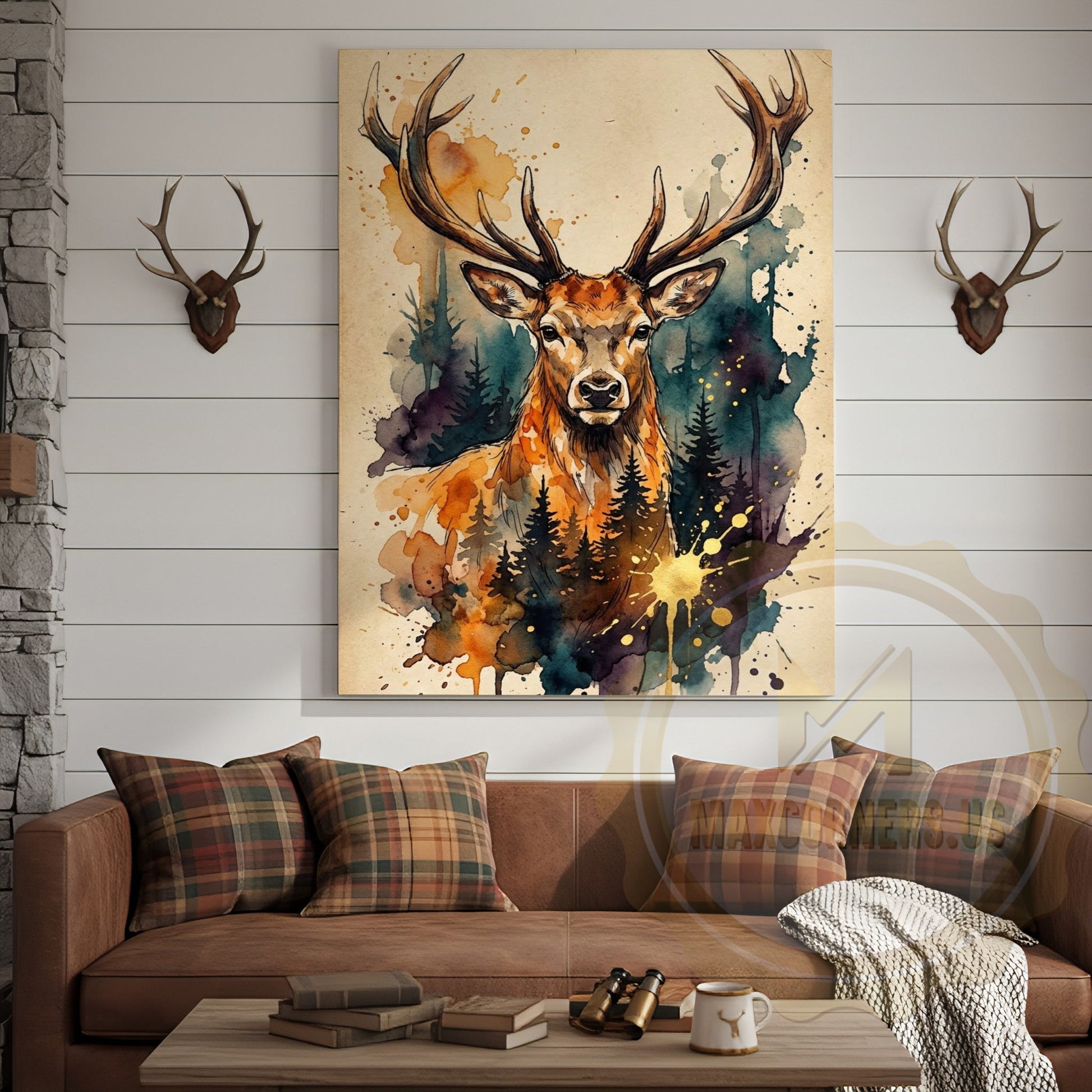 Watercolor Deer Canvas Art - Teal and Orange Forest Silhouette