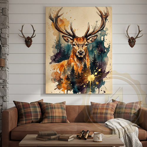Watercolor Deer Canvas Art - Teal and Orange Forest Silhouette