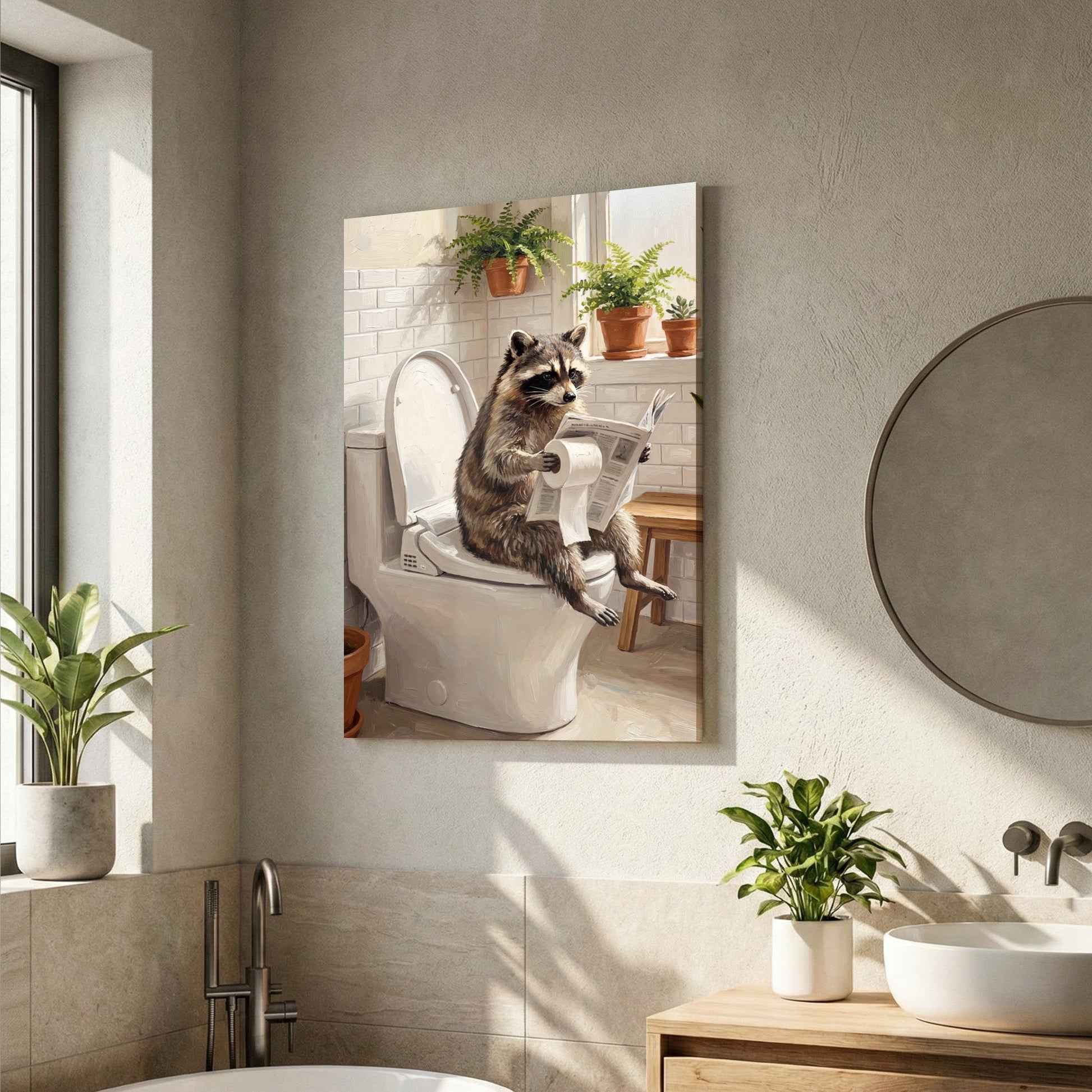 Raccoon Sitting on Toilet Reading Newspaper Bathroom Humor Canvas Wall Art