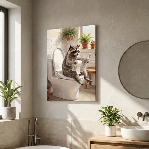 Raccoon Sitting on Toilet Reading Newspaper Bathroom Humor Canvas Wall Art