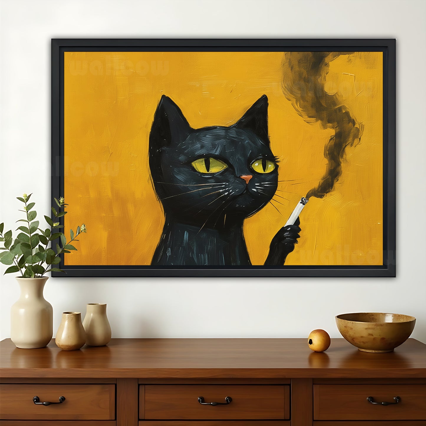 Retro Smoking Black Cat – Bold Yellow Background Wall Art on Natural Wood Canvas