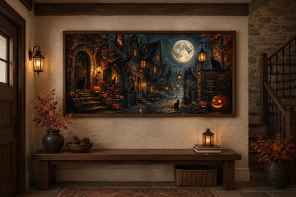 Halloween Village Canvas | Gothic Wall Art With Black Cat & Full Moon Scene