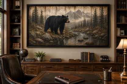 Black Bear Wall Art - Rustic Cabin Decor Canvas Print for Mountain Lodge