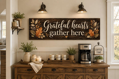 Grateful Hearts Gather Here Thanksgiving Fall Farmhouse Sign For Dining Room Canvas Wall Art