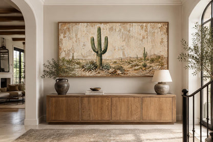Minimalist Desert With Saguaro Cactus Painted on Neutral Weathered Wood Background Canvas Wall Art