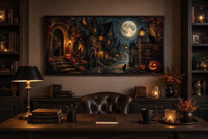 Halloween Village Canvas | Gothic Wall Art With Black Cat & Full Moon Scene