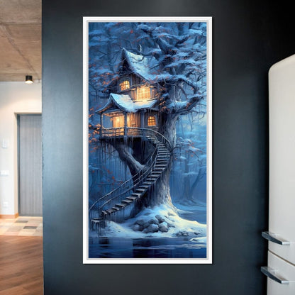 Winter Tree House Canvas Wall Art
