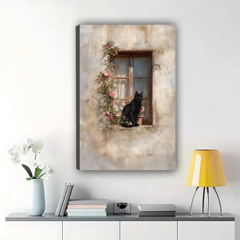 Black Cat on Flower Window Sill – Vintage Cottage Wall Art on Natural Wood Canvas