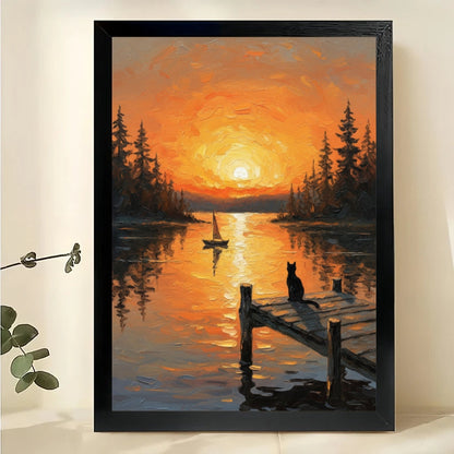 Black Cat by Red Barn – Rustic Farmhouse Wall Art on Natural Wood Canvas