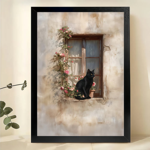 Black Cat on Flower Window Sill – Vintage Cottage Wall Art on Natural Wood Canvas