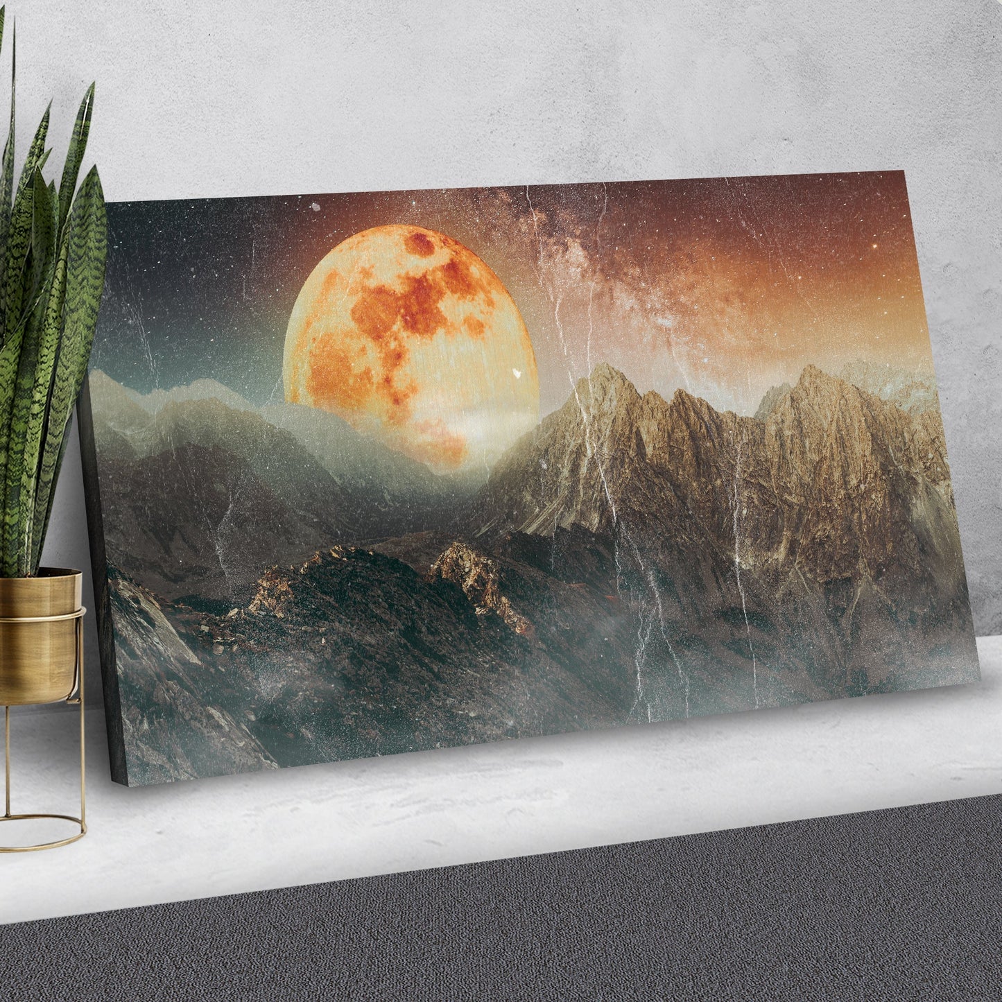 Orange Full Moon Behind Mountain Range Canvas Wall Art