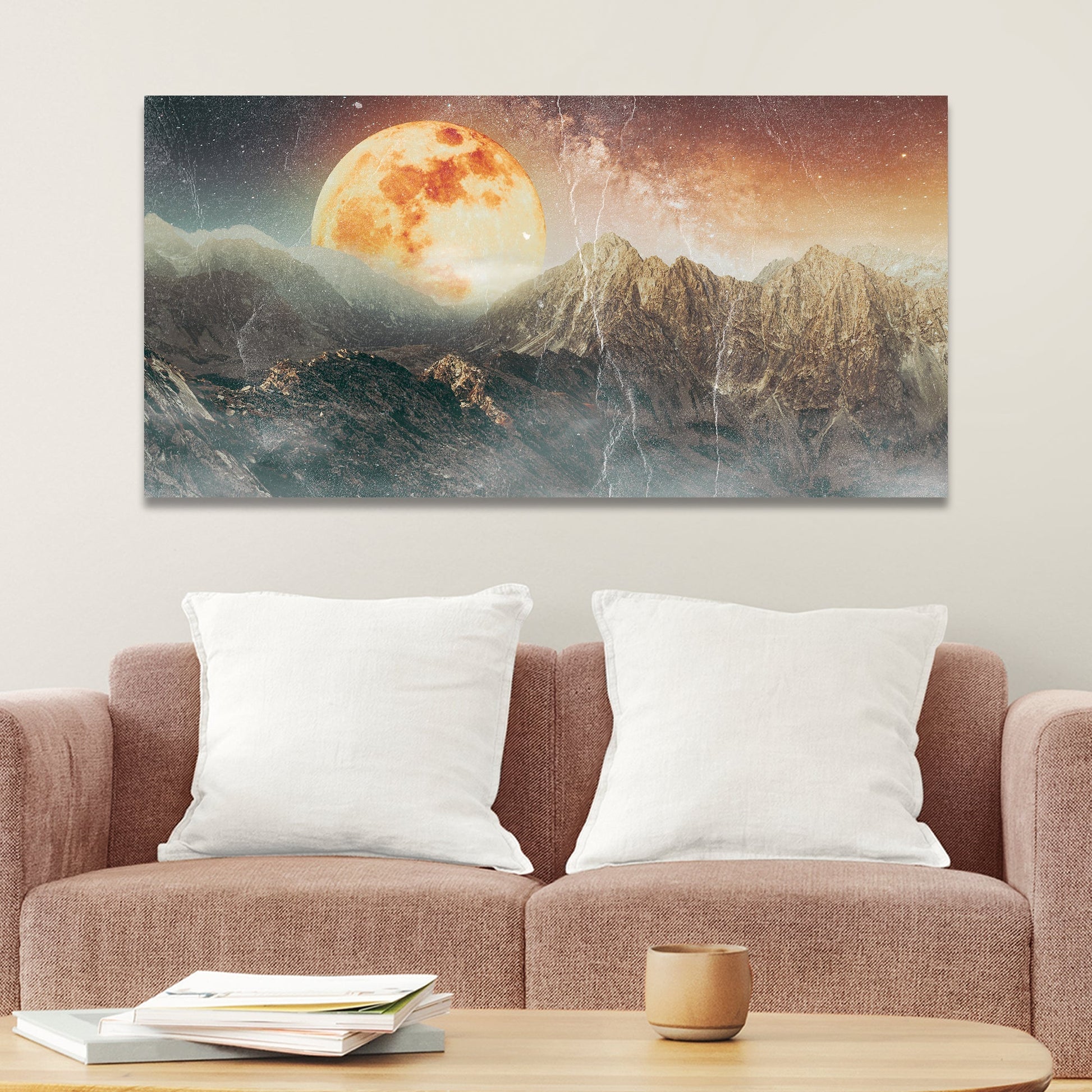 Orange Full Moon Behind Mountain Range Canvas Wall Art