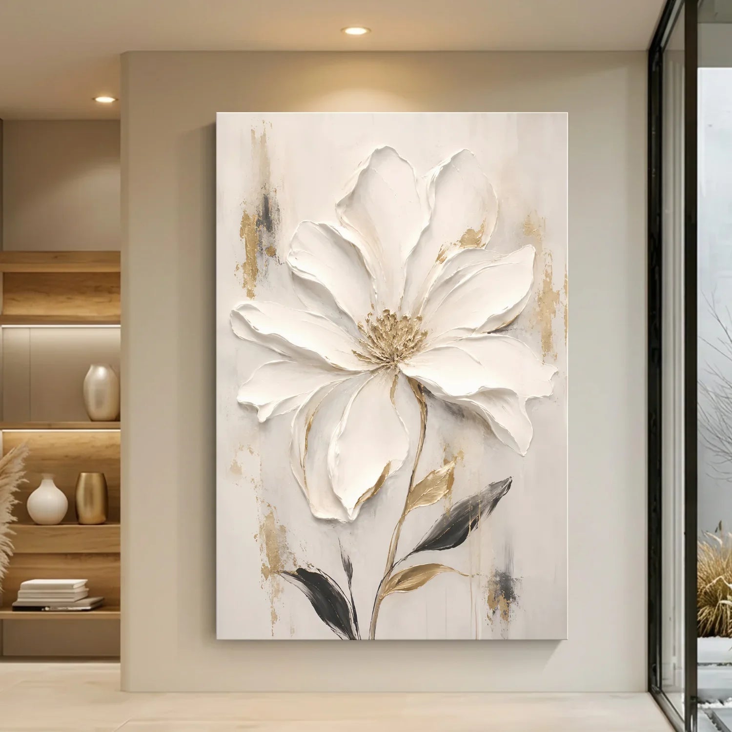Decorative floral painting on a wall in a modern interior setting
