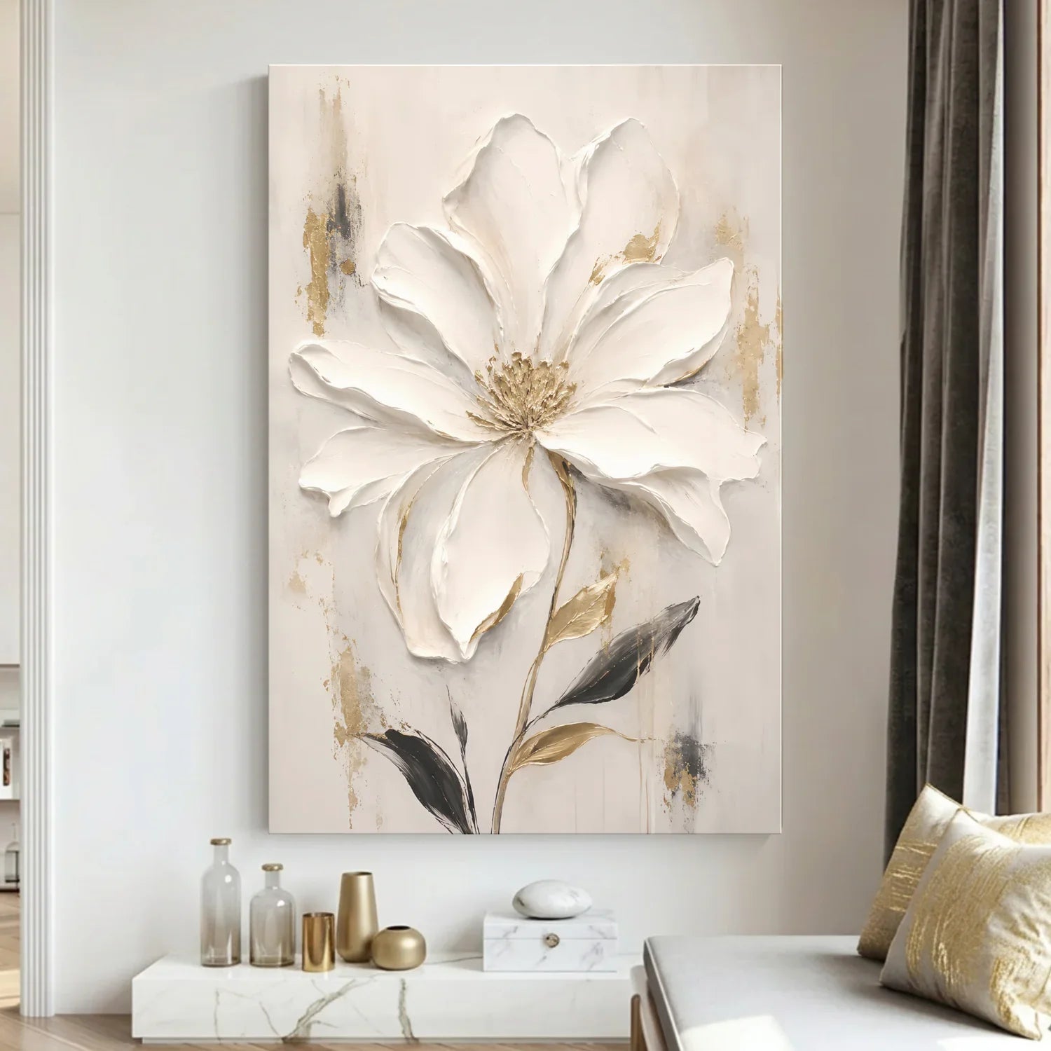 Decorative floral painting on a wall in a living room setting
