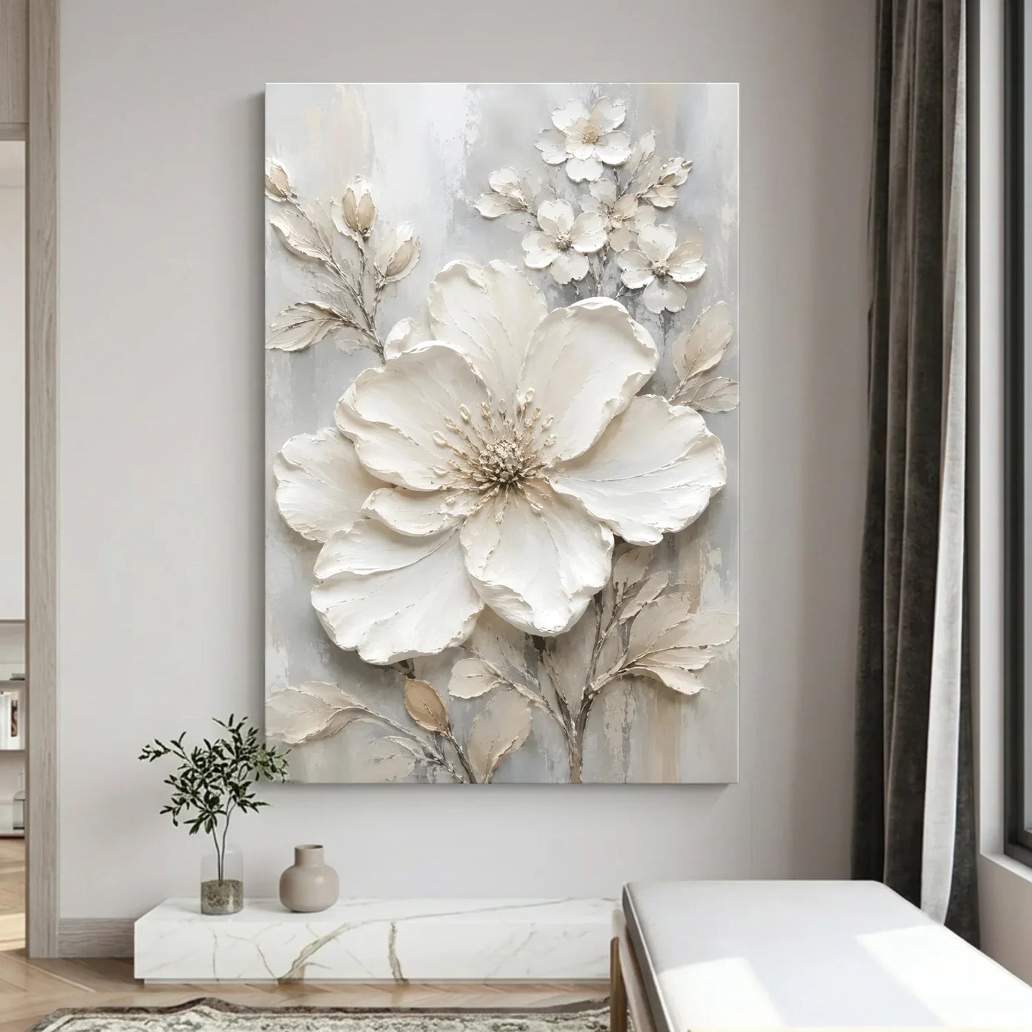 Floral painting on a wall in a room with decor elements. Blooming Elegance