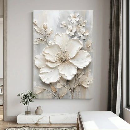 Floral painting on a wall in a room with decor elements. Blooming Elegance