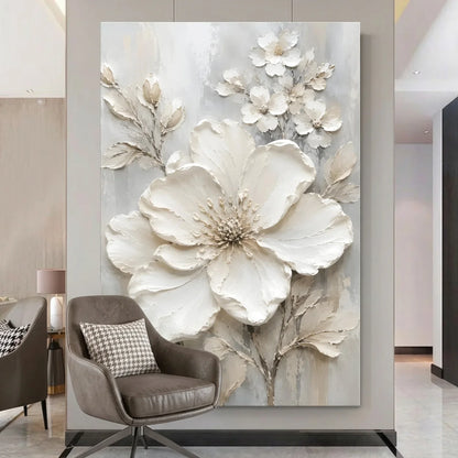 Decorative wall art with large floral design in a modern living room.