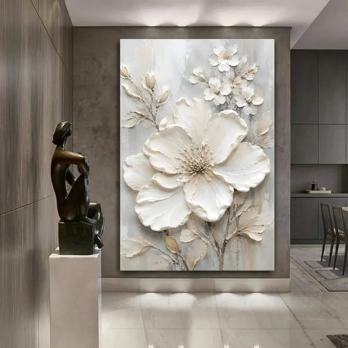 Decorative floral painting on a wall with a bronze sculpture in a modern interior setting.
