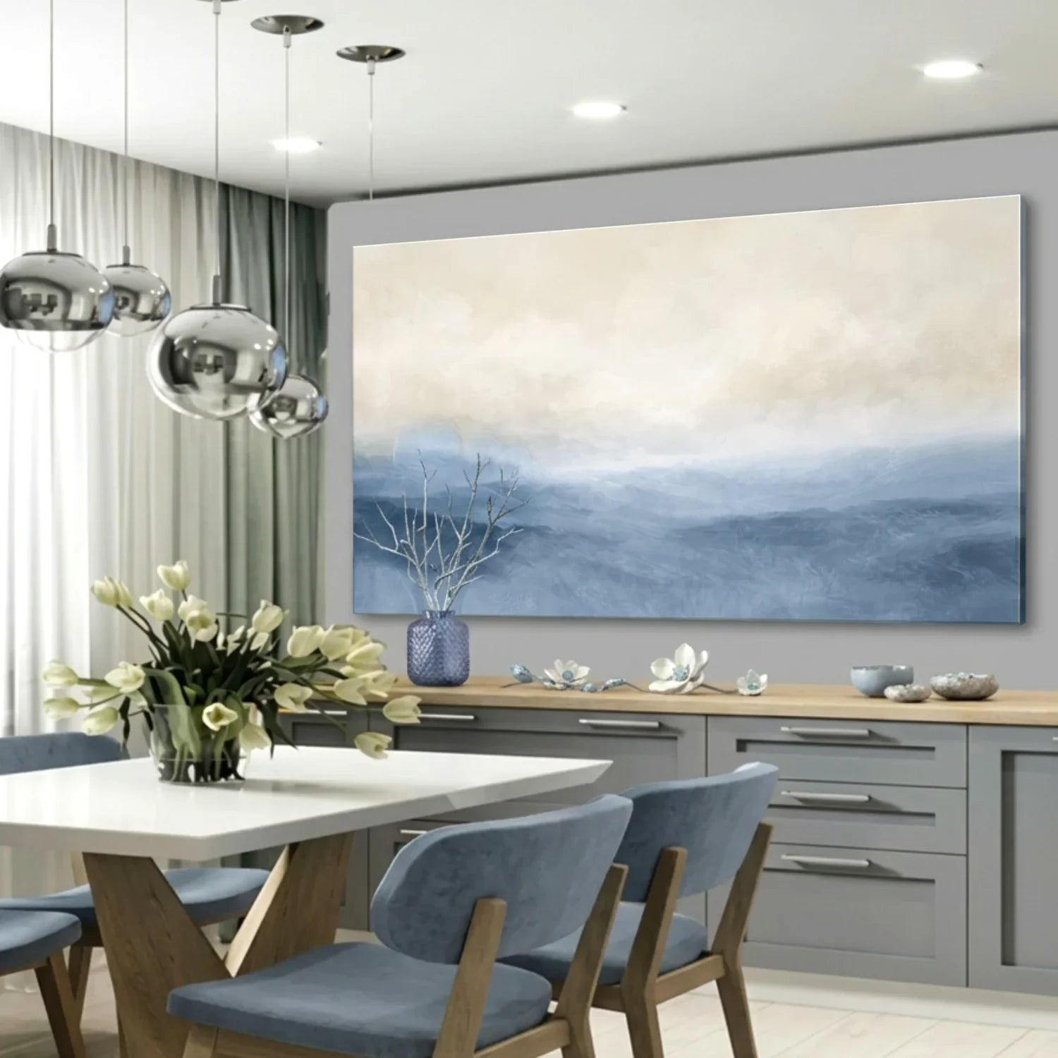 Modern dining room with a large abstract painting on the wall. Muted Blue