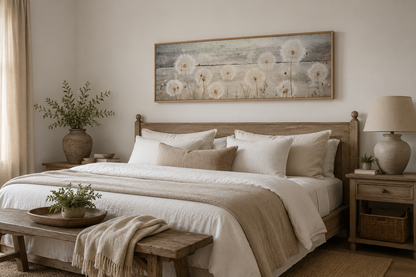 Rustic Dandelions Painting On Wood Long Horizontal Above Bed Wall Art