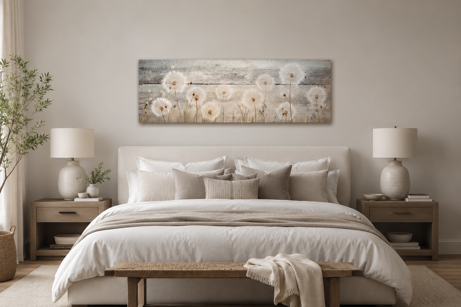 Rustic Dandelions Painting On Wood Long Horizontal Above Bed Wall Art