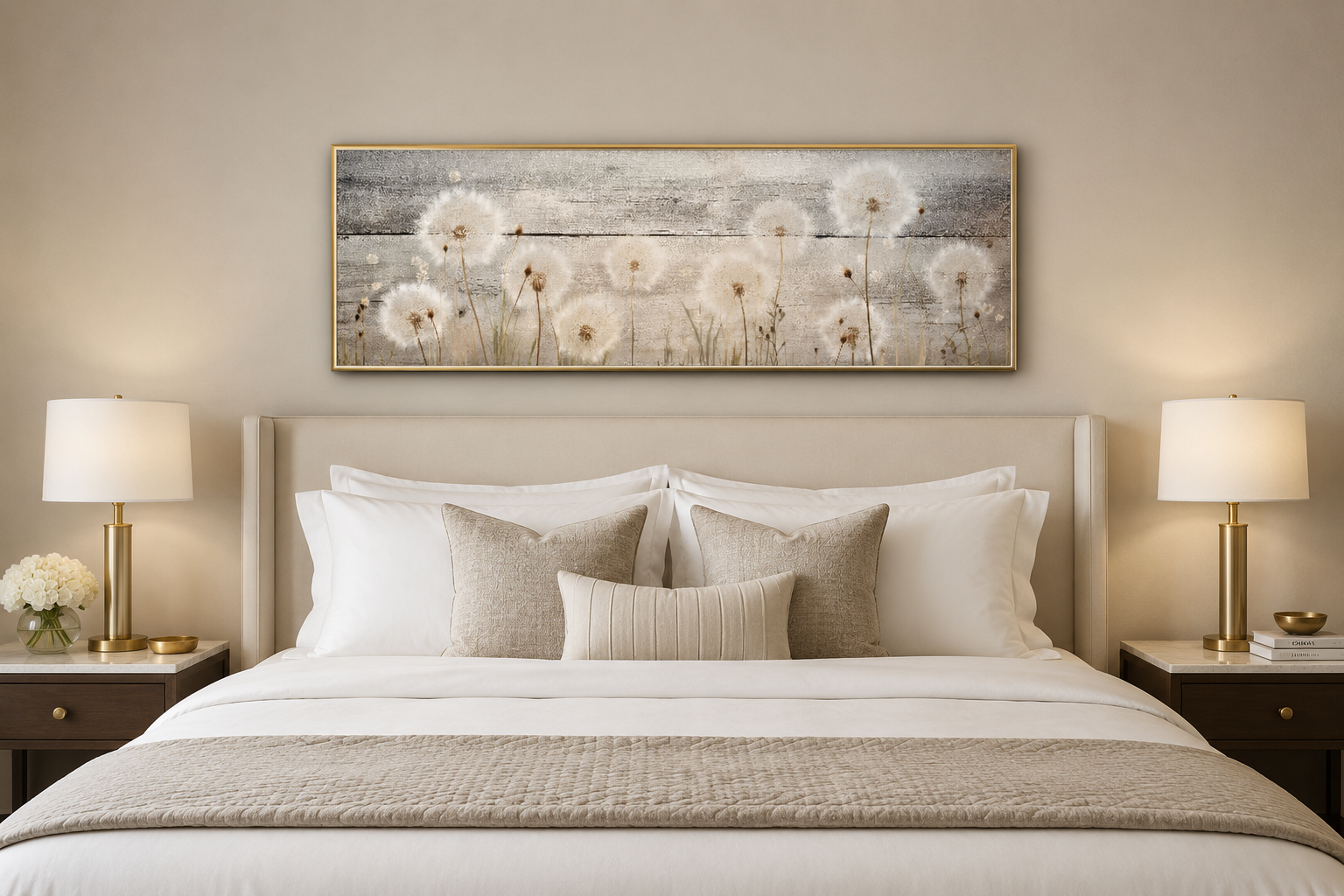Rustic Dandelions Painting On Wood Long Horizontal Above Bed Wall Art