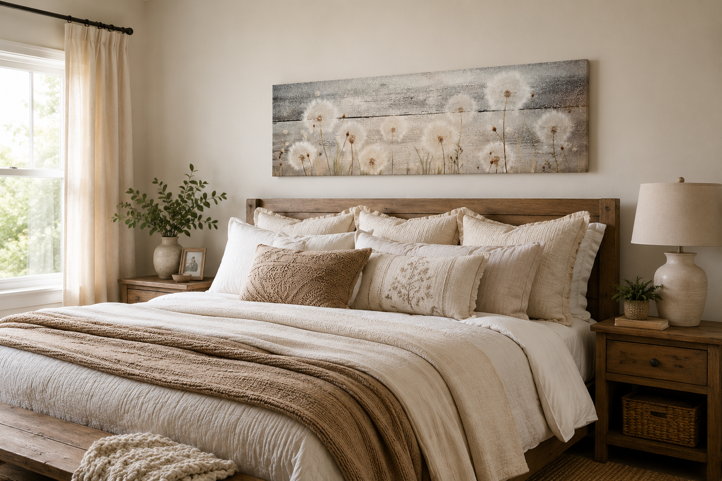 Rustic Dandelions Painting On Wood Long Horizontal Above Bed Wall Art