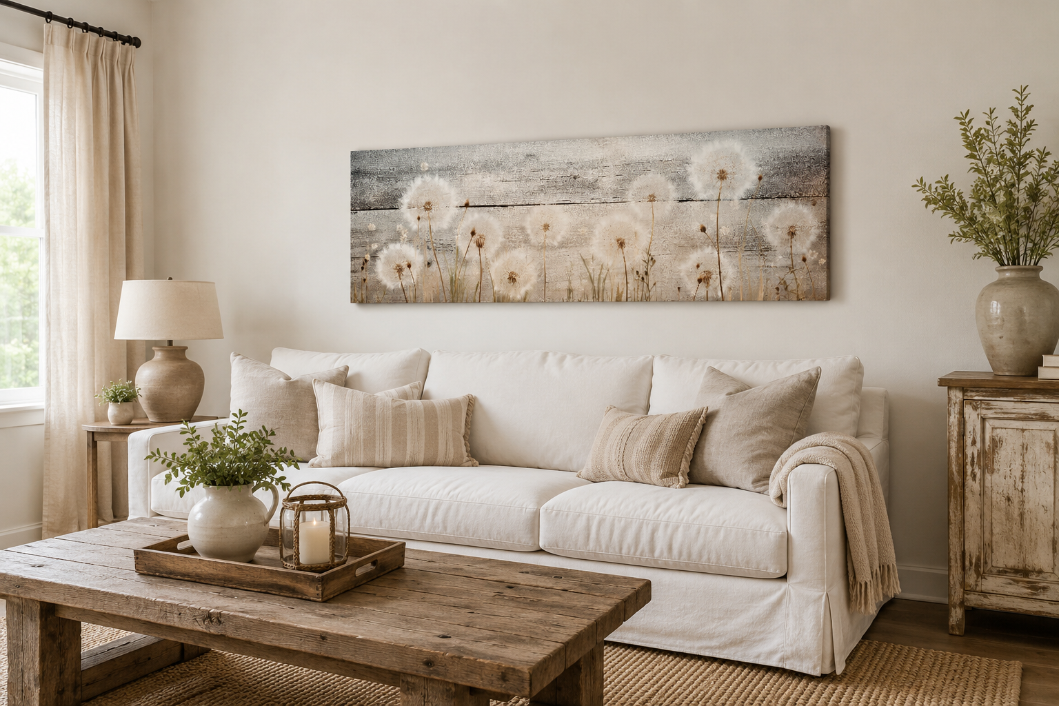 Rustic Dandelions Painting On Wood Long Horizontal Above Bed Wall Art