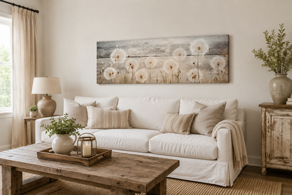 Rustic Dandelions Painting On Wood Long Horizontal Above Bed Wall Art
