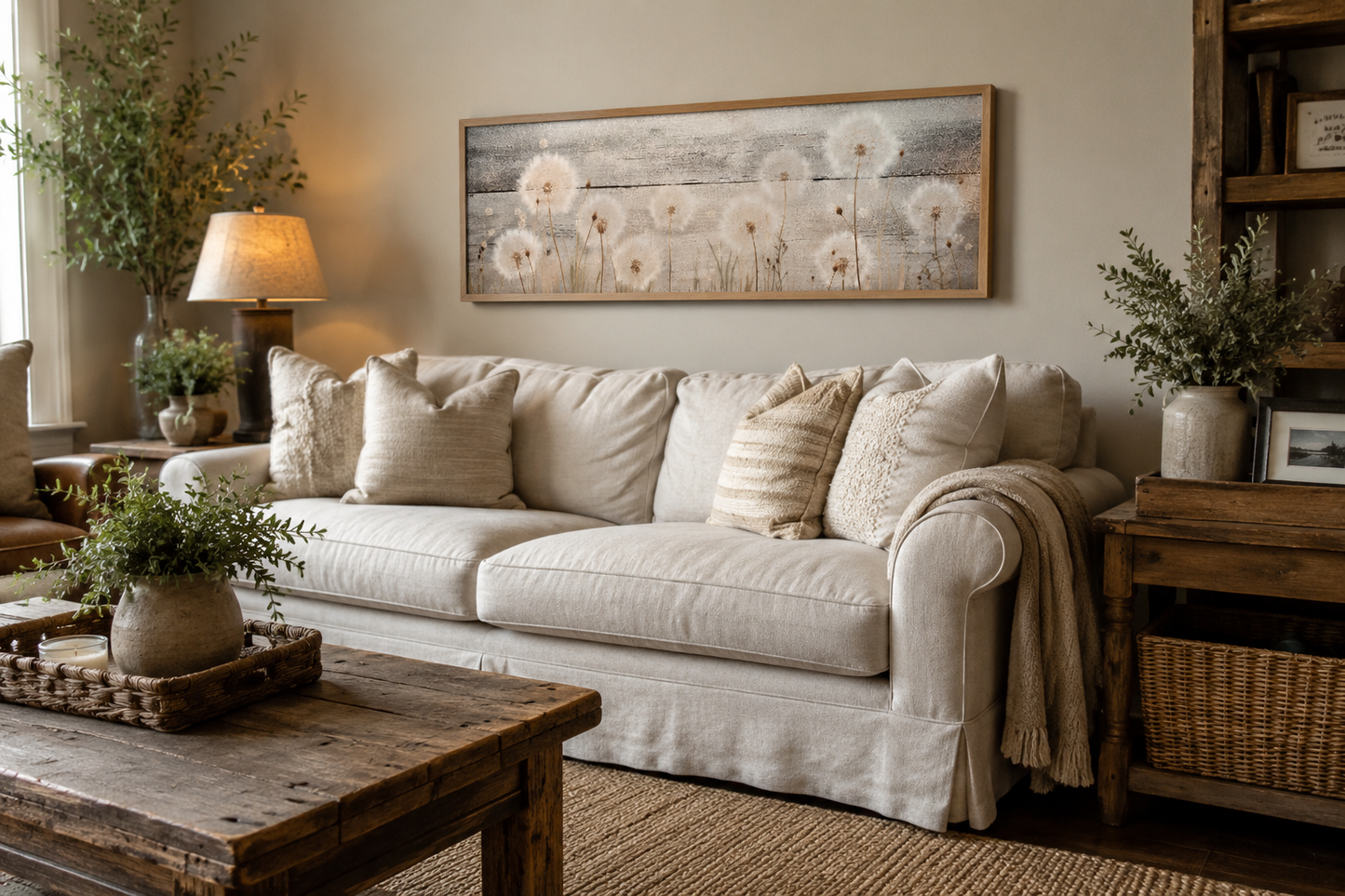 Rustic Dandelions Painting On Wood Long Horizontal Above Bed Wall Art