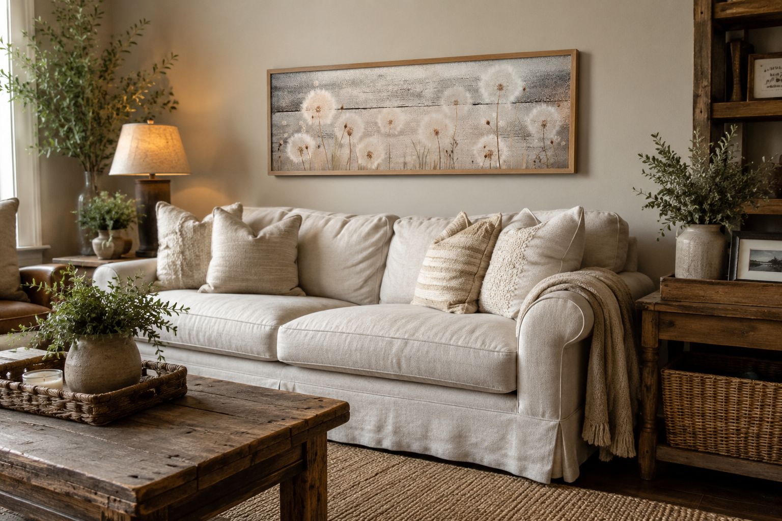 Rustic Dandelions Painting On Wood Long Horizontal Above Bed Wall Art